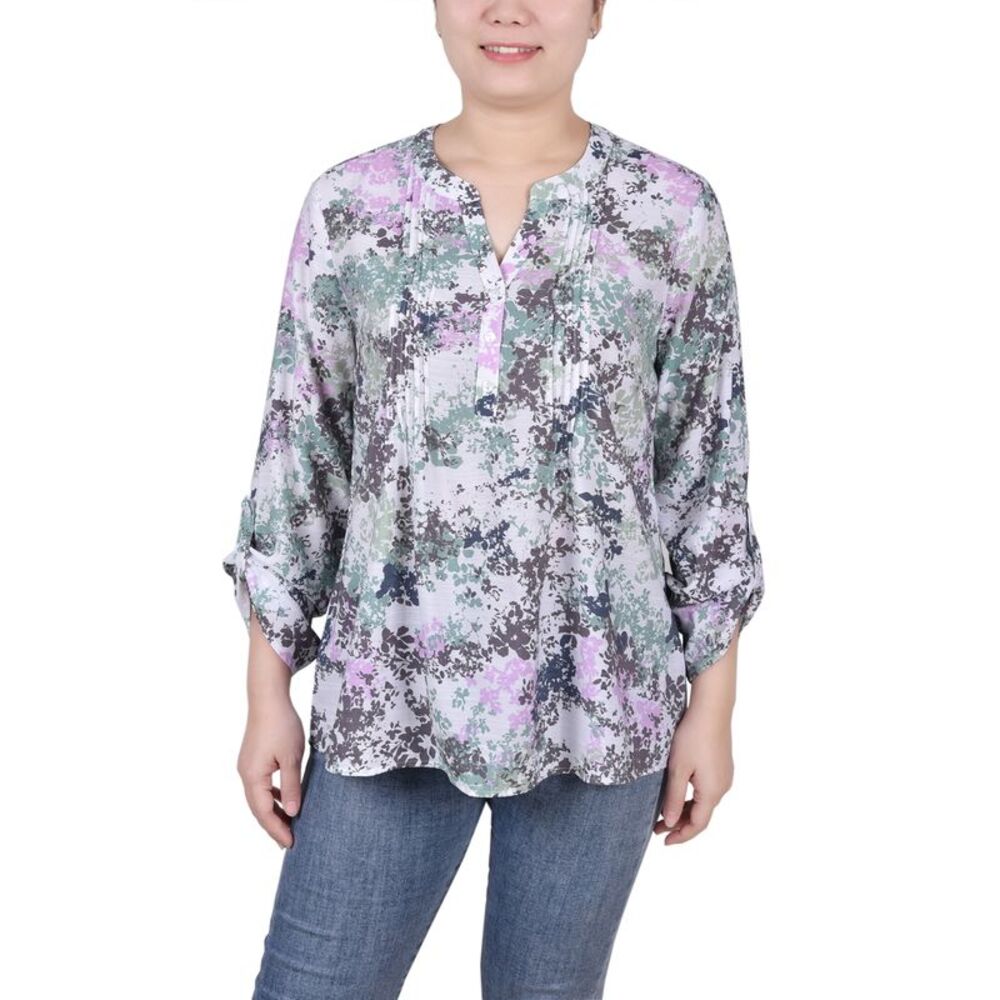 NY Collection Petite Long Roll Tab Sleeve Pintuck Front Blouse